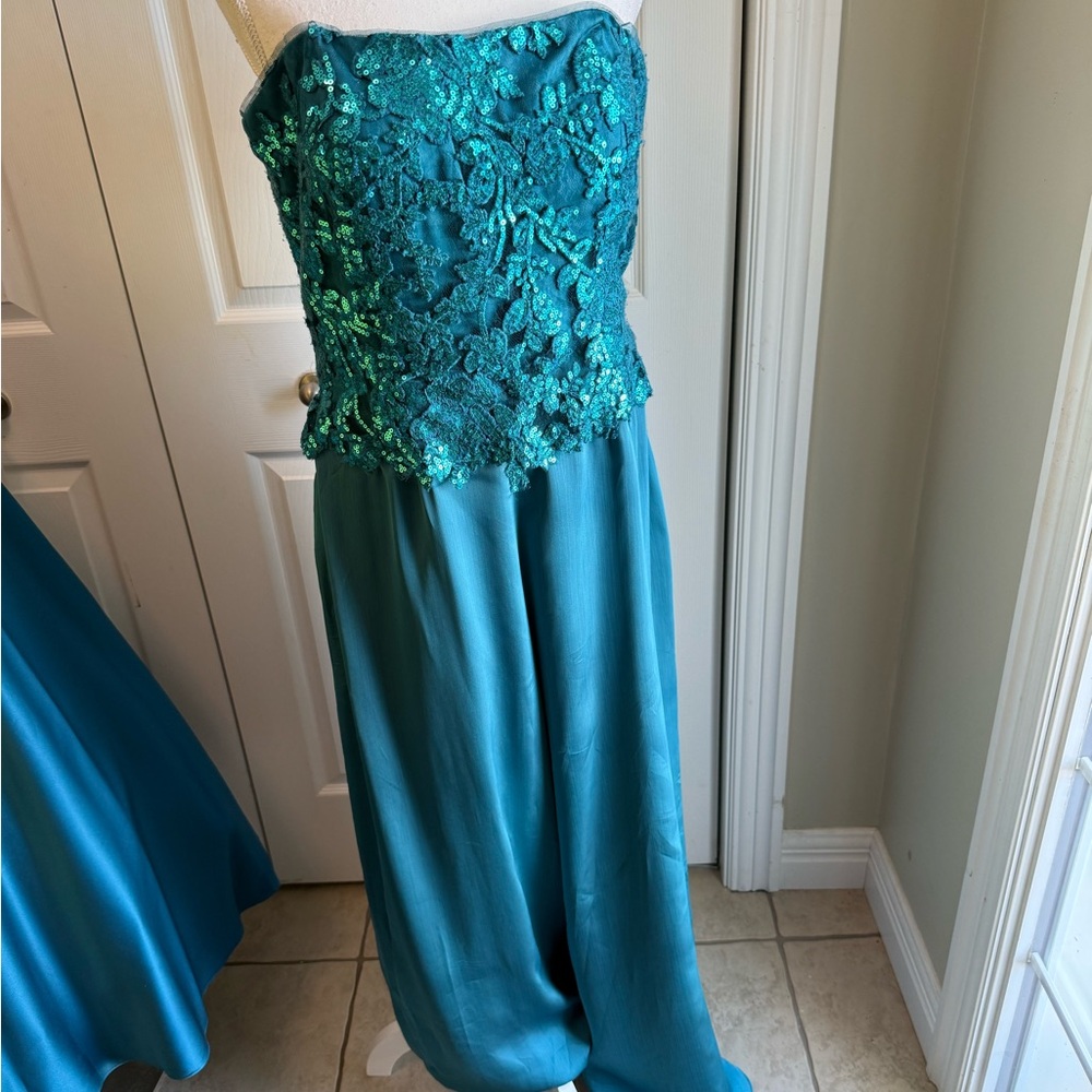 Jade Couture Teal Satin Jumpsuit
